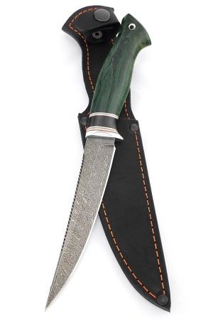 Нож Белуга сталь дамаск рукоять вставка черный граб, карельская береза зеленая
