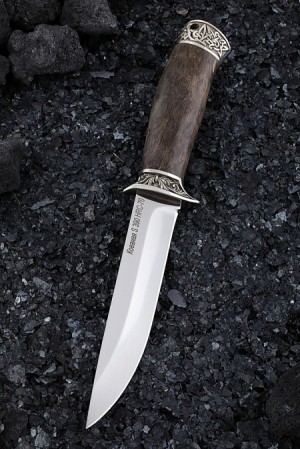 Нож Пехотинец Кованая сталь S390, Мельхиор, карельская береза (коричневая)