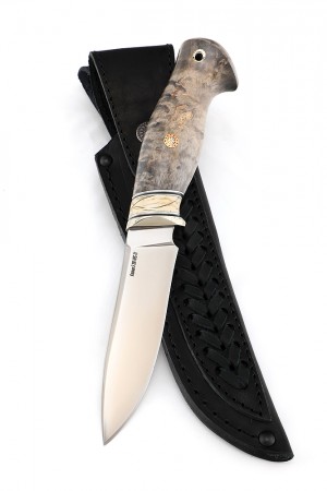Нож №19, сталь клинка S390, рукоять стабилизированная карельская береза, зуб мамонта, мозаичные пины