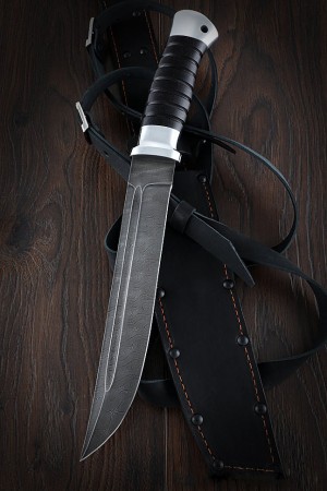 Нож Пластун (казачий пластунский нож) дамаск черный граб дюраль 