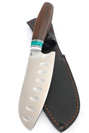 Кухонный нож Сантоку средний (широкий) кованая сталь 95х18 рукоять вставка акрил зеленый, венге