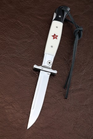 Нож Финка НКВД складная, сталь Elmax, рукоять накладки акрил белый+черный со звездой из серебра 925