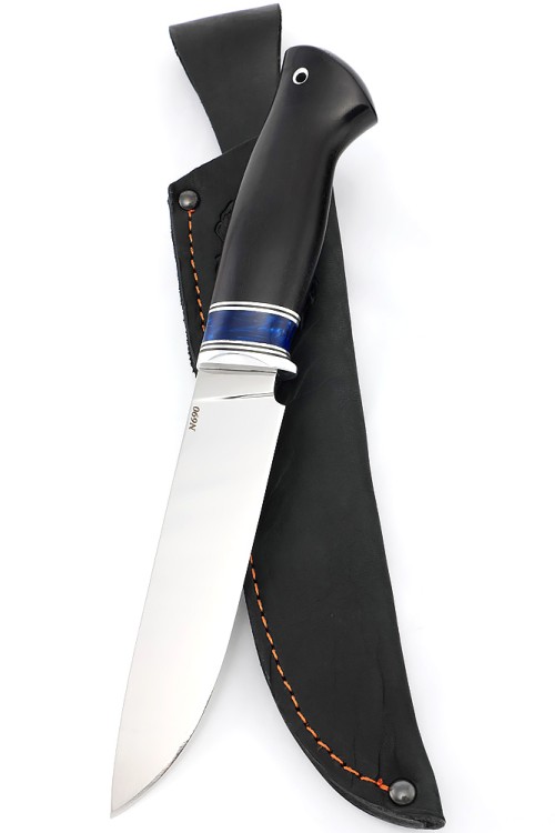 Нож Буран сталь N690, рукоять вставка акрил синий, черный граб 