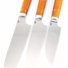 Комплект из 3-х кухонный ножей Сантоку кованая сталь 95х18 рукоять карельская береза янтарная, цельнометаллические 