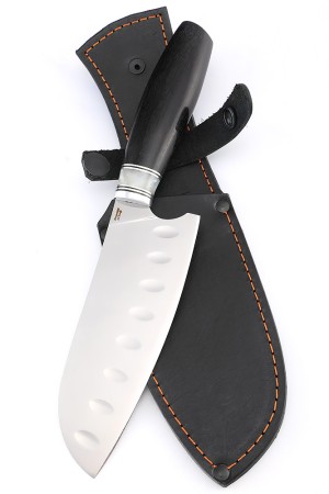 Кухонный нож Сантоку средний (широкий) кованая сталь Х12МФ рукоять вставка акрил белый, черный граб