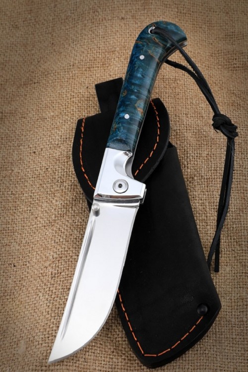 Нож складной Пчак сталь M390 накладки карельская береза синяя 