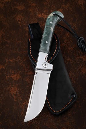 Нож складной Пчак сталь S390 накладки карельская береза зеленая