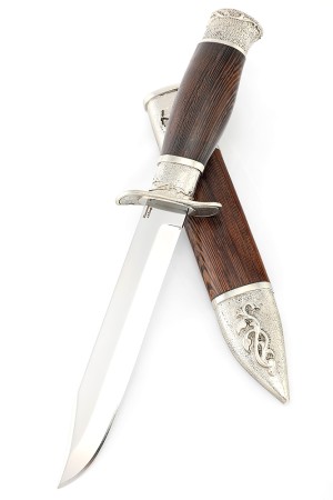 Нож разведчика НР-40 сталь кованая Х12МФ мельхиор, деревянные ножны венге