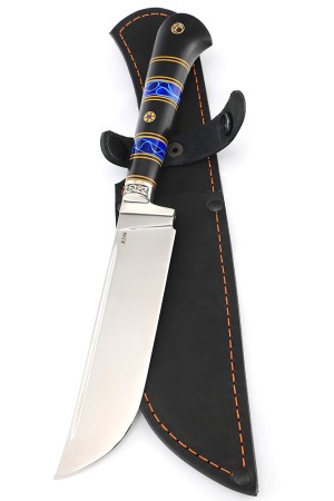 Нож узбекский-2 сталь К340 рукоять наборная, мельхиор, вставка акрил синий, черный граб