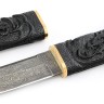 Нож Танто большой сталь дамаск торцевой, рукоять и ножны черный граб резные на подставке 