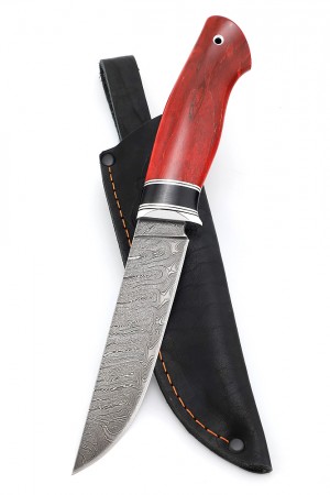 Нож Путник дамасская сталь рукоять стабилизированная карельская береза красная