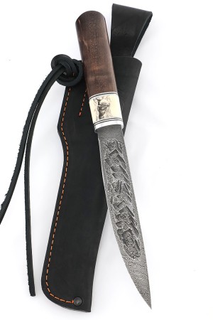 Нож Якут №4 сталь дамаск кованый дол, рукоять вставка клык моржа (скримшоу), карельская береза коричневая